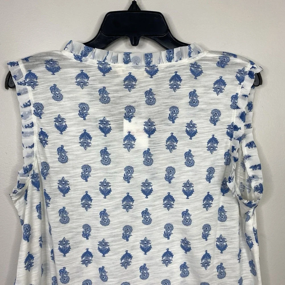 Lucky Brand Sz M Blue White Floral Print Ruffle Split Tie Neck Top Lightweight - Picture 7 of 15